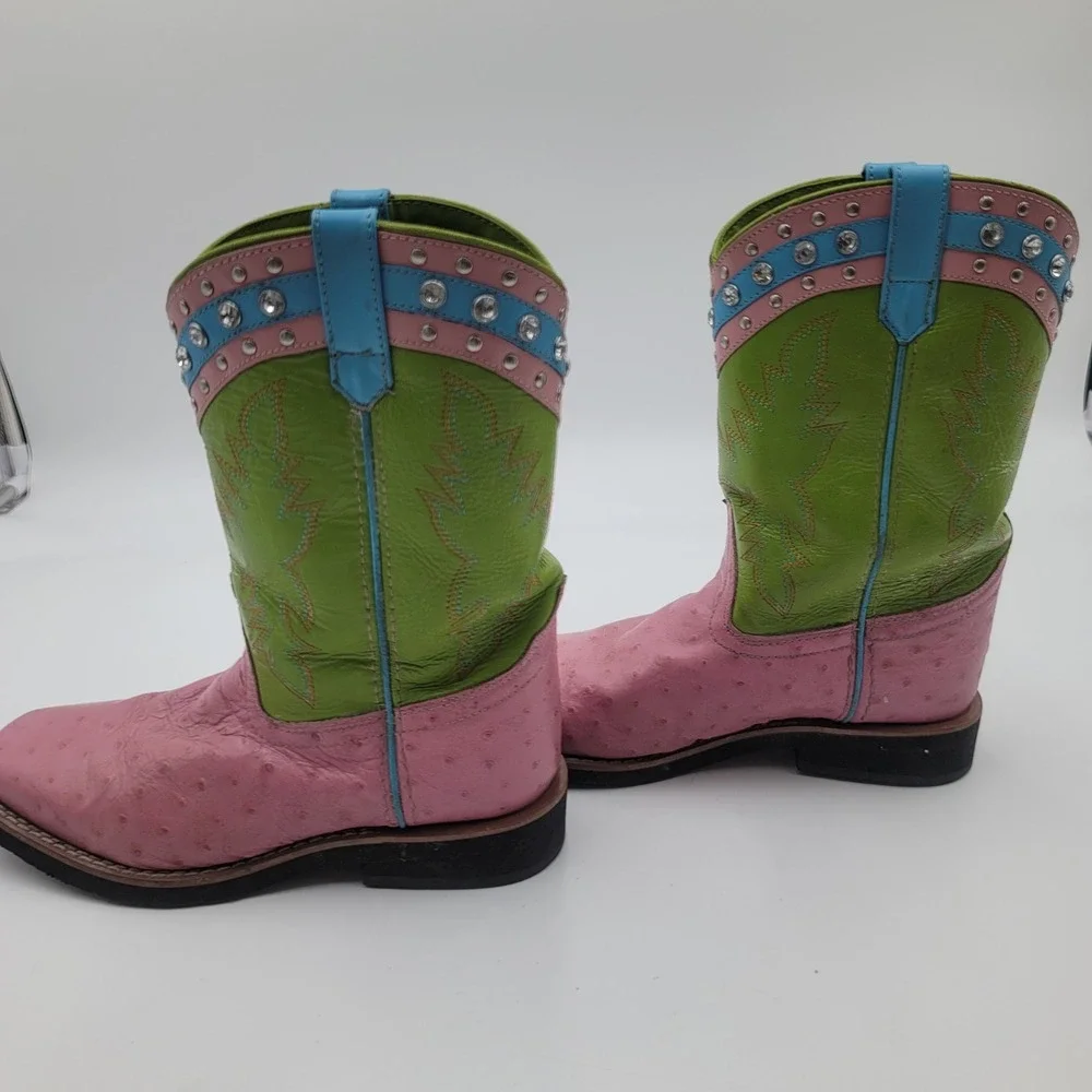 Smoky Mountain Boots Youth 4.5 D Pink Green Ostrich Print Western Boots 3281Y